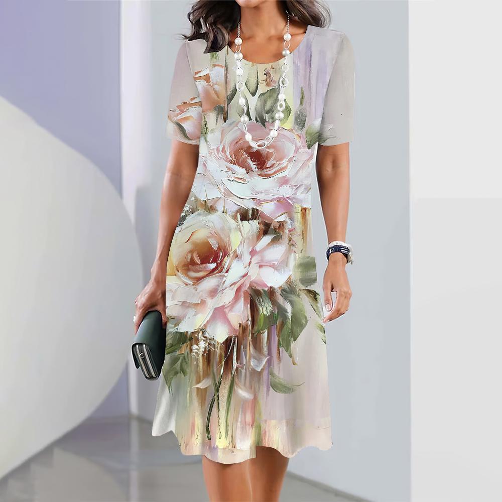 2024 New Spring Women's Dresses Floral Printed Elegant Casual Short Sleeve Dresses Fashion Oversized Women's Dresses