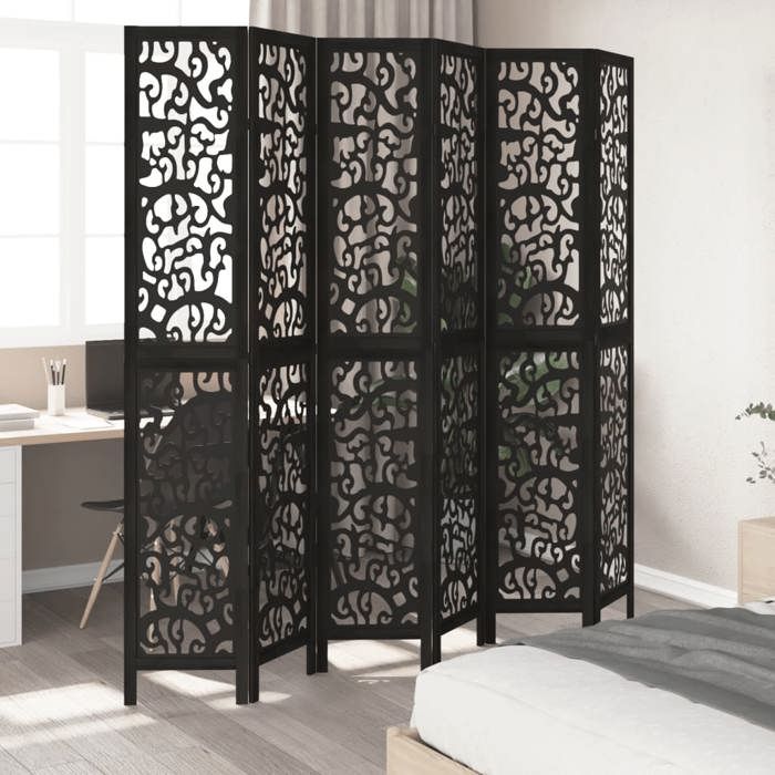 VidaXL Room Divider 6 Panels Black Solid Paulownia Wood, Privacy Screen, Room Partition Panel, 358764