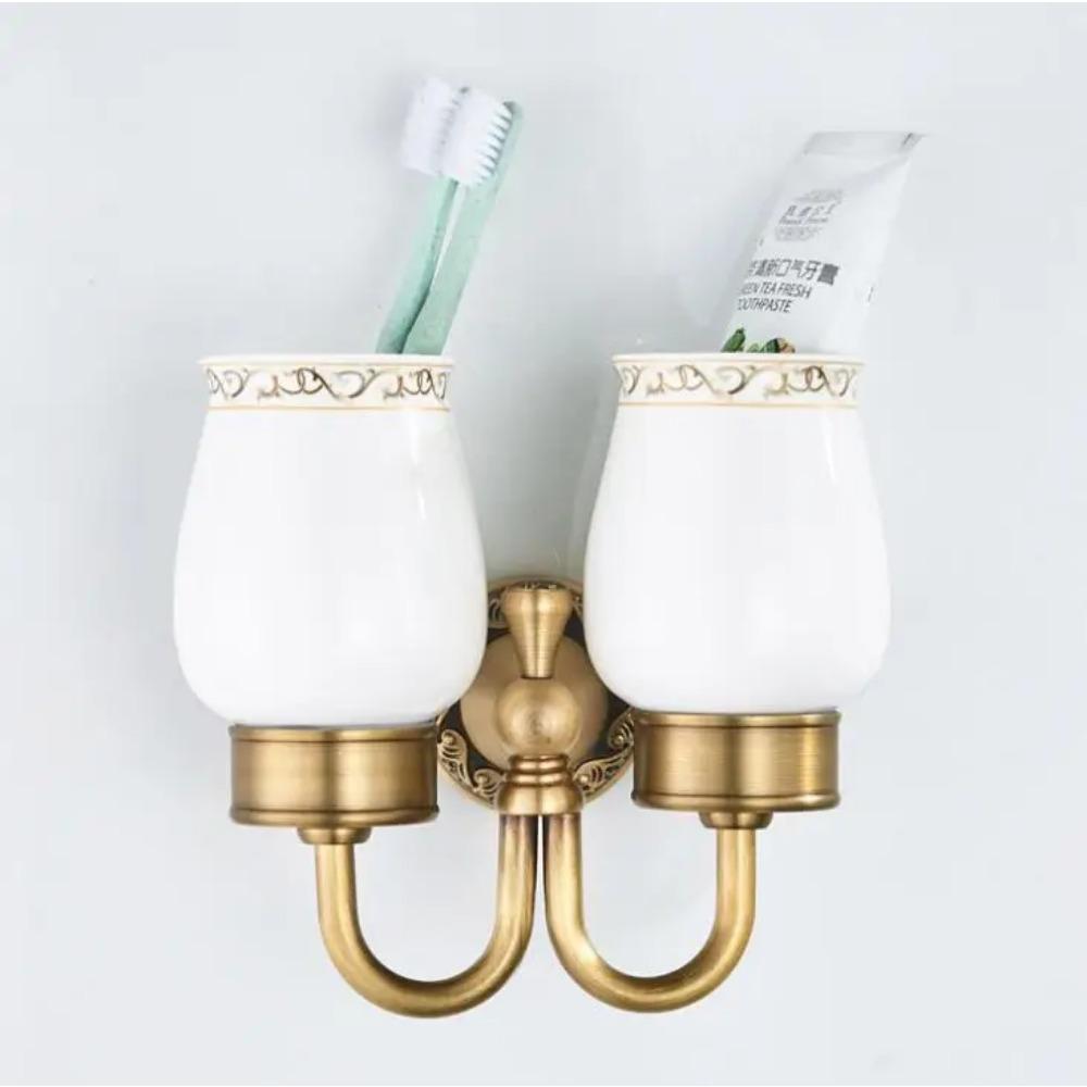 Wall Mount Antique Double Cup Holder Brass+Glass Bathroom Accessories Cup Tumbler Holders,Toothbrush Cup Holders F8308