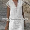 European & American Women's Casual Solid Color Short Sleeve Cotton Linen Dress