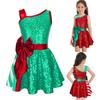Kids Girls Christmas Elf Costume Shiny Sequined Ballet Dance Ice Skating Performance Leotard Dress