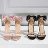 Women Sandals Bow Knot Pearl Round Open Toe Ankle Strap Thin High Heels Ladies Elegant Party Banquet Dress Shoes