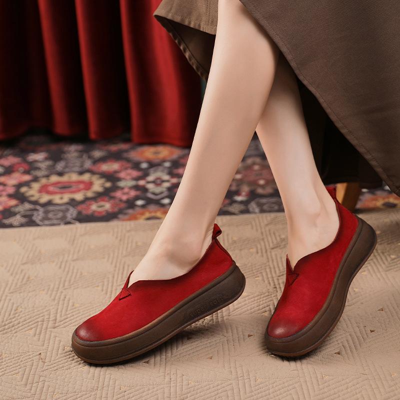 Autumn New First-layer Cowhide Women's Shoes Retro Literary Round Head Single Shoes Women's Leather Thick Sole