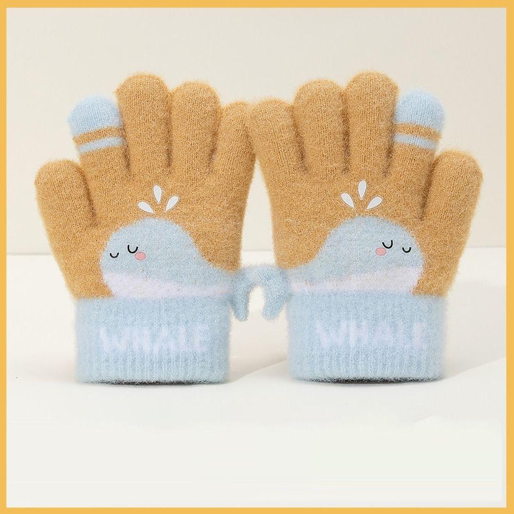 Cute Whale Winter Knitted Gloves Warm Plush Kids Gloves Cartoon Five-finger Gloves  Outdoor