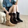 ~ Cm Heightening Pile Boots Women's Autumn Buckle Slim Maillard Thick Heel Mid Tube Martin Boots