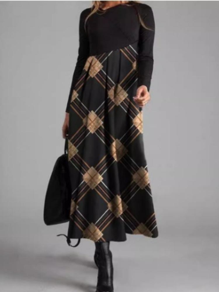 Women's Long Sleeve Black Top with Printed Maxi Skirt Dress, Bohemian Floral Geometric Pattern, Multiple Color Options