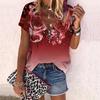 Women's Top Summer New Fashion Rose Flower Beautiful Flower Printed Casual Zipper V-neck Short Sleeve Top