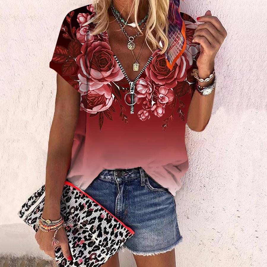 Women's Top Summer New Fashion Rose Flower Beautiful Flower Printed Casual Zipper V-neck Short Sleeve Top