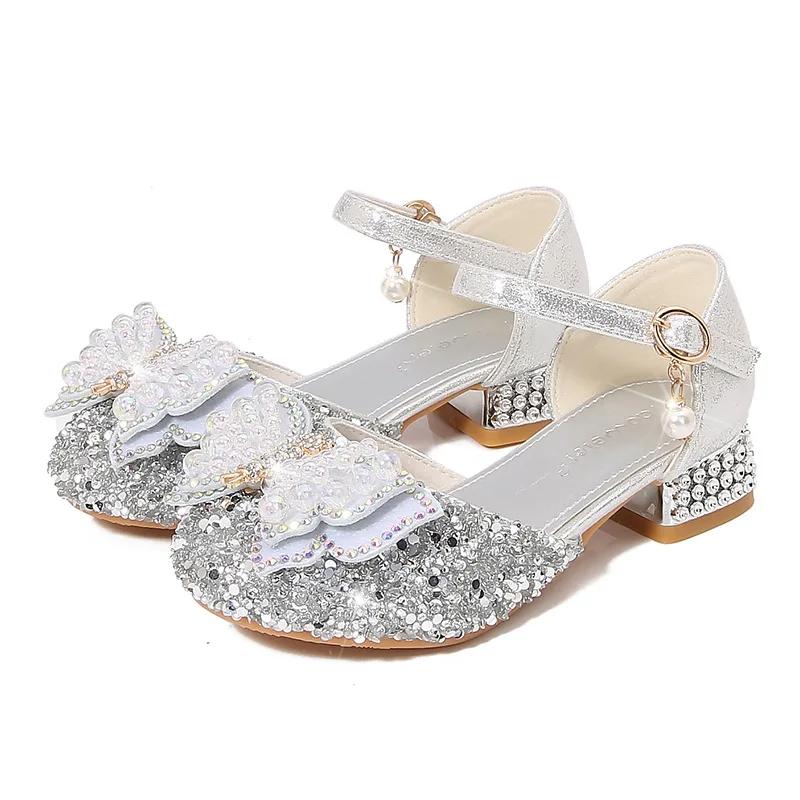 Children Princess Shoes Sequins Fashion Kids Leather Shoe Sandals Elegant Rhinestone Butterfly Girls Causal Dress Single Shoes