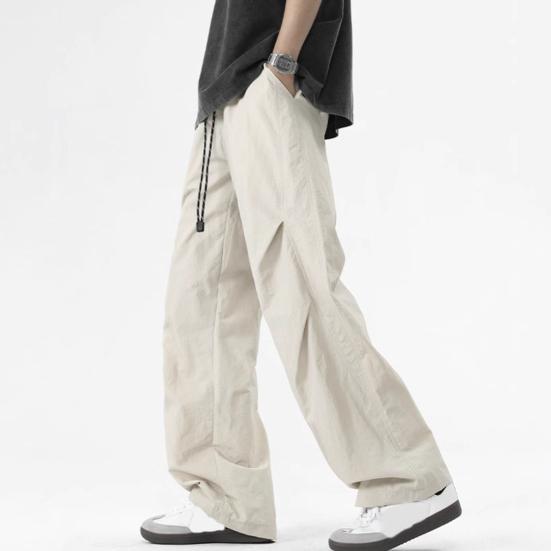 Men's Baggy Trousers Spring Summer Drawstring Waist Cargo Pants Solid Color Wide Leg Trousers