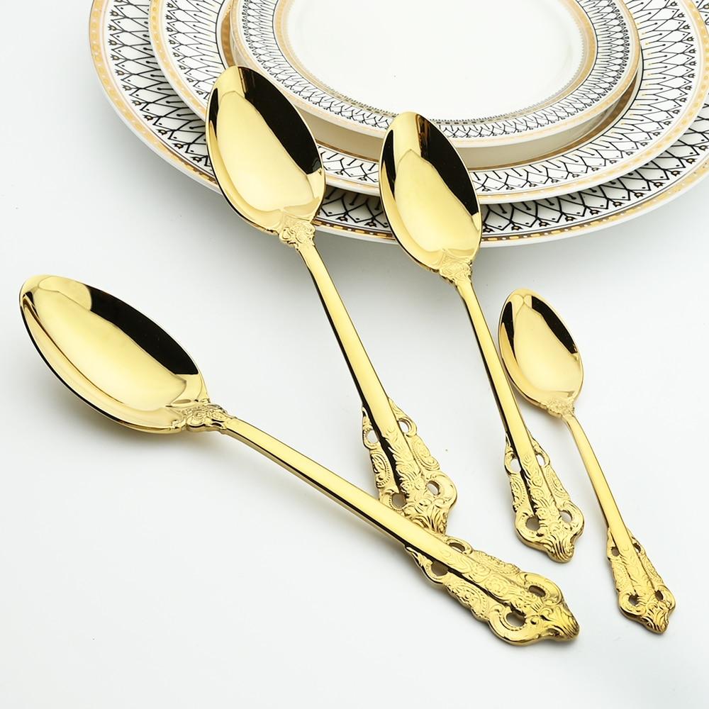 Gold Dinnerware Vintage Tableware 18/10 Silverware Stainless Steel Flatware Dinner Knife Fork Spoon Wedding Xmas Western Cutlery