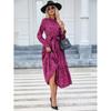 Spring and Summer Women's Casual Printed Stand-collar Ruffled Long-sleeved Lace-up Waist Dress