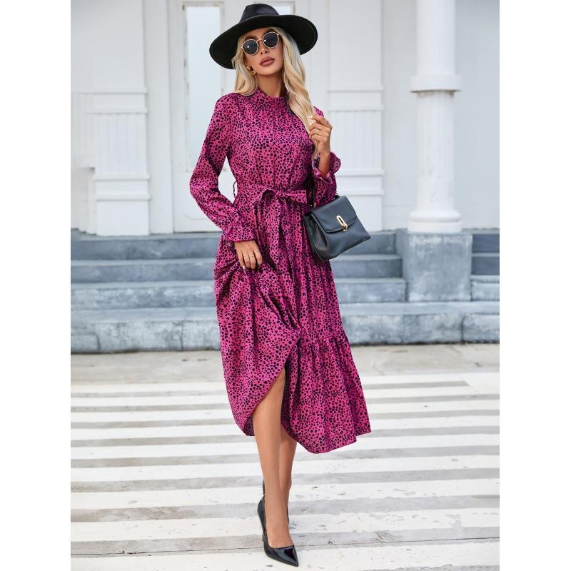 Spring and Summer Women's Casual Printed Stand-collar Ruffled Long-sleeved Lace-up Waist Dress