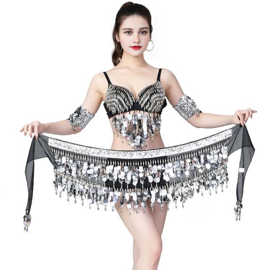 Belly Dance Waist Chain Sequins Hip Scarves Double Tier Waist Tassel Dance Practice Dress Accessories for Latin Dance Belly Dance Performances