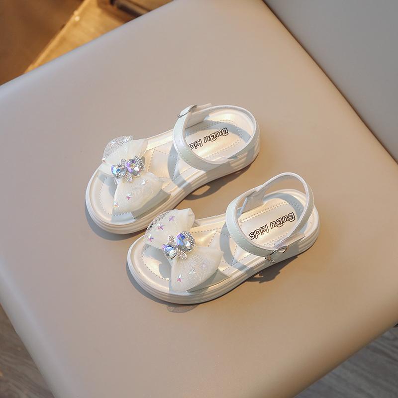Girls Rhinestone Mesh Bow Simple Korean Children's Sandals New Summer 2024 Solid Color Versatile Kids Performance Shoes Fashion