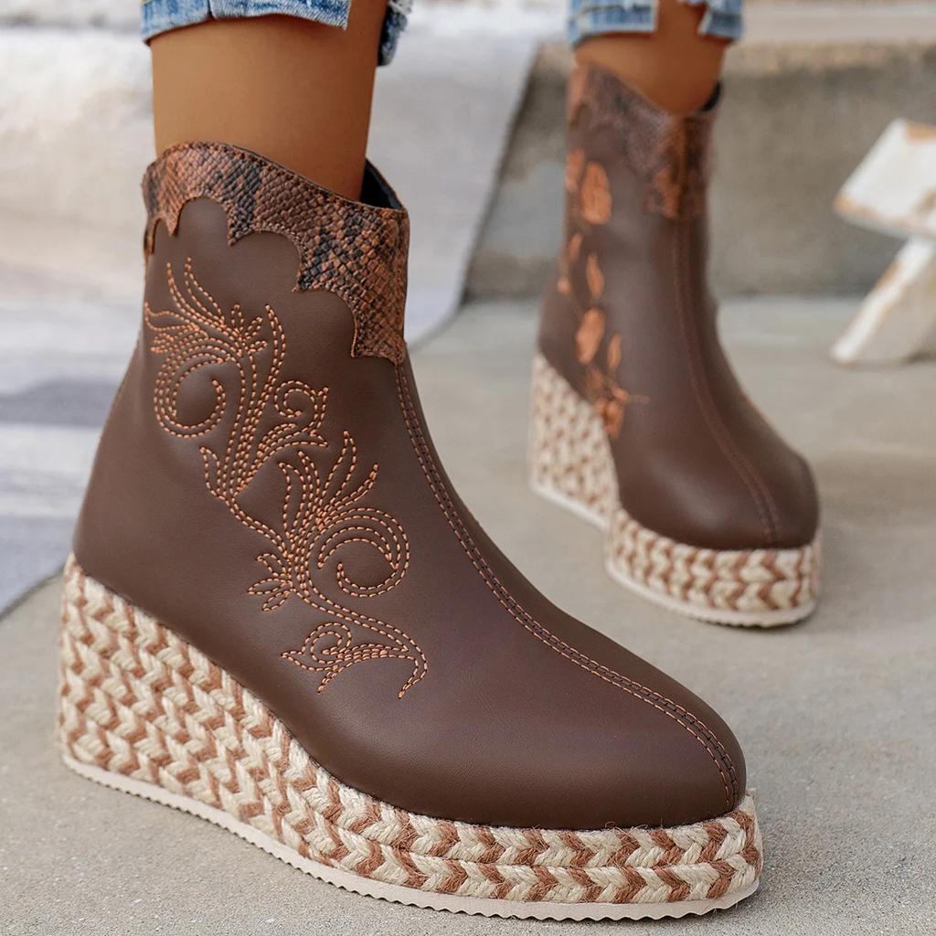 2024 New Autumn Brand New Fashion Embroidery Mid Calf Boots for Women Wedge Platform Retro Ethnic Style High Heels Knight Boots