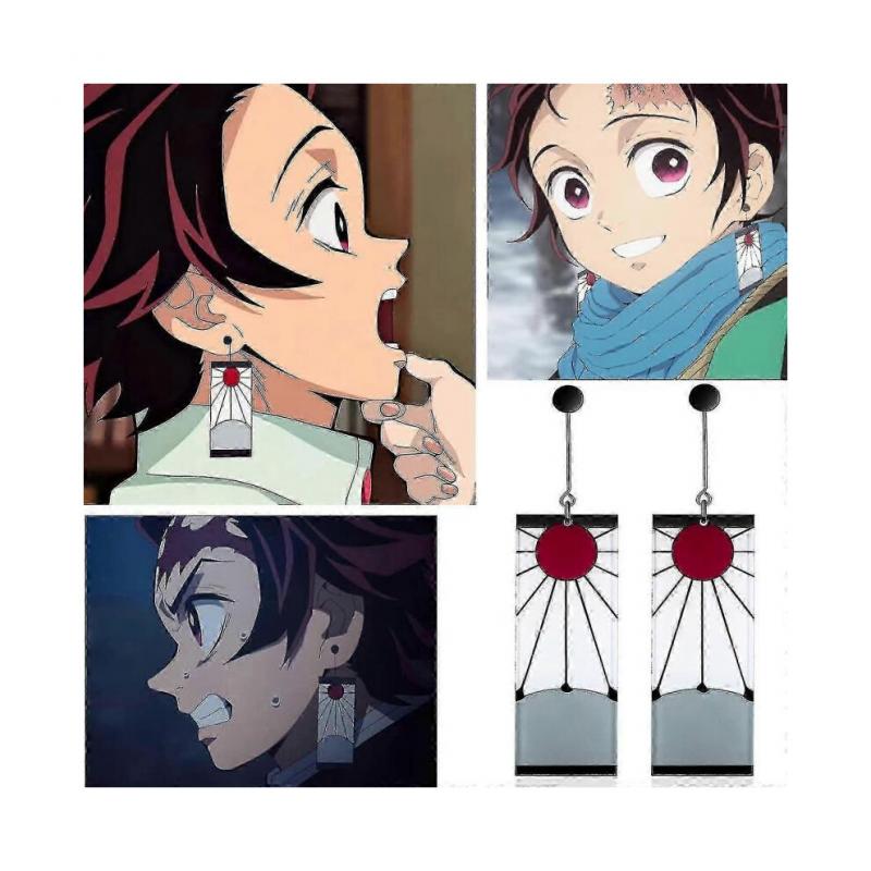 925 Sterling Silver Tanjiro Earrings,anime Demon Slayer Cosplay Tanjiro Black Earrings Ear Clip Kimetsu No Yaiba Hanafuda Halloween for Men Women Earr