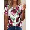 T-shirt Women Summer Casual Elegant Simple V-neck Short Sleeve 3d Print Floral Print Top Loose Casual Wear Ladies T-shirt