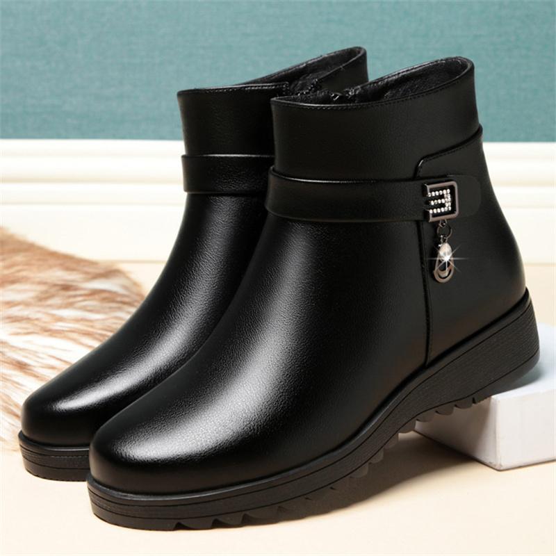 Fashion Autumn Winter Mum Warm Cotton Soft Shoes Women  Fleece Side Zip Thick Bottom Short Boots Leisure Round Head Flats Boots