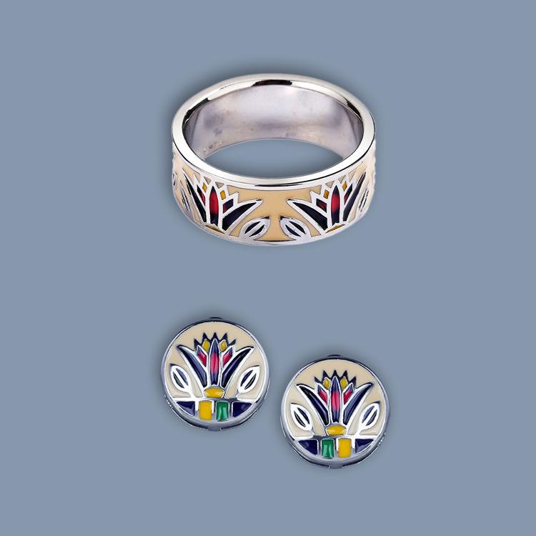 Artistic Retro Minority Personality Simple Color Enamel Flower Jewelry Ring Earring Set