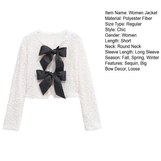 Women Sequin Jacket Big Bow Decor Loose Round Neck Long Sleeves Solid