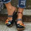 Fashion Women's Tribal Style Flower Platform Mules, Floral Print Wedge Heeled Clogs, Closed Toe Shoes