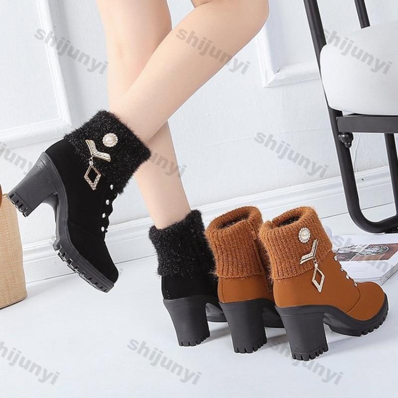 Fashion Women's Chunky Heeled Ankle Boots Autumn Fashion Rhindiamonds Solid Color High Heels Shoes Female Lace Up Platform Short Booties