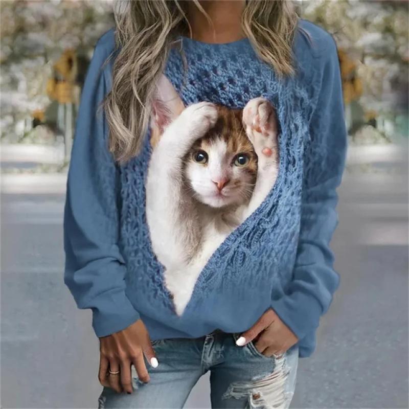 2023 Autumn New Women Round Neck Long Sleeve Fashion Casual Home High Quality Fabric Cute Cat Print Long Sleeve