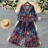 Bohemian Floral Chiffon Summer Dresses for Women 2025 Runway V-Neck Long Lantern Sleeve Sashes Beach Holiday Dressess Boho Robe