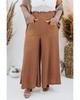 Brown Ribbed Wide Leg Plus Pants with Frill Waist