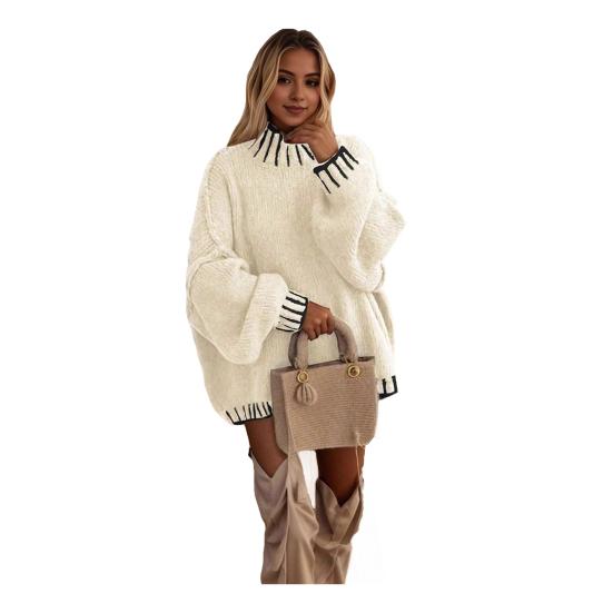 Women Oversized Pullover Sweater Turtleneck Long Sleeve Patchwork Color Winter Knitting Tops