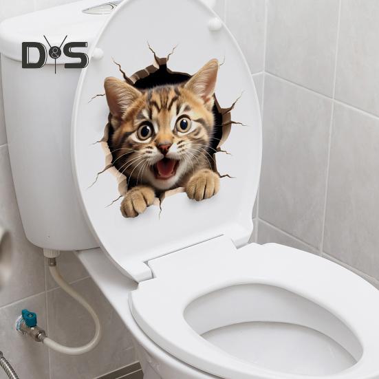 Through-wall Cat Toilet Sticker Waterproof Removable Self-adhesive PVC Living Room Bathroom Wall Art 3D Effect Simulation Kitten Toilet Seat Lid