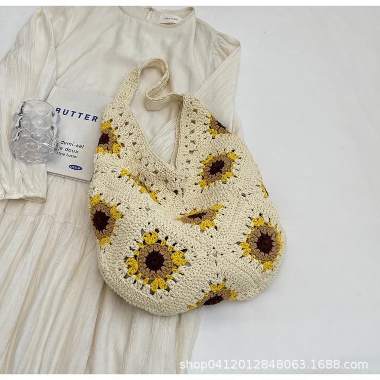 2025 New Summer Beach Bag Large Capacity Foreign Gas Cotton Thread Woven Bag Sunflower Knitted Tote Bag
