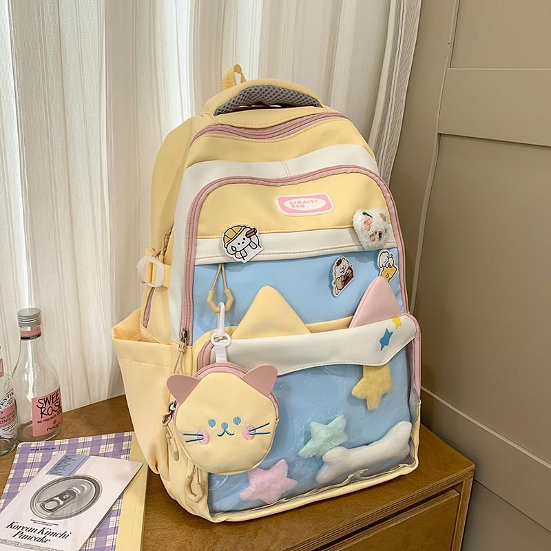 Blocked Color Fashion Cat Ear Design Student Backpack With Pendant Badge And