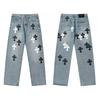 9910 Men's and Women's American Style Trendy Jeans with Fabric Patches, Holes, Embroidery, Casual and Fashionable High Street Pants