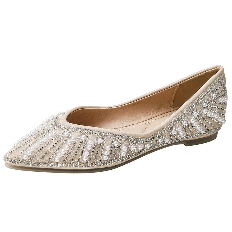 2025 Summer Korean Version Soft-soled Pointed Flat-soled Single Shoes, Pearl Rhinestone Shallow Mouth Laden Shoes, One Pedal Doudou Shoes Women