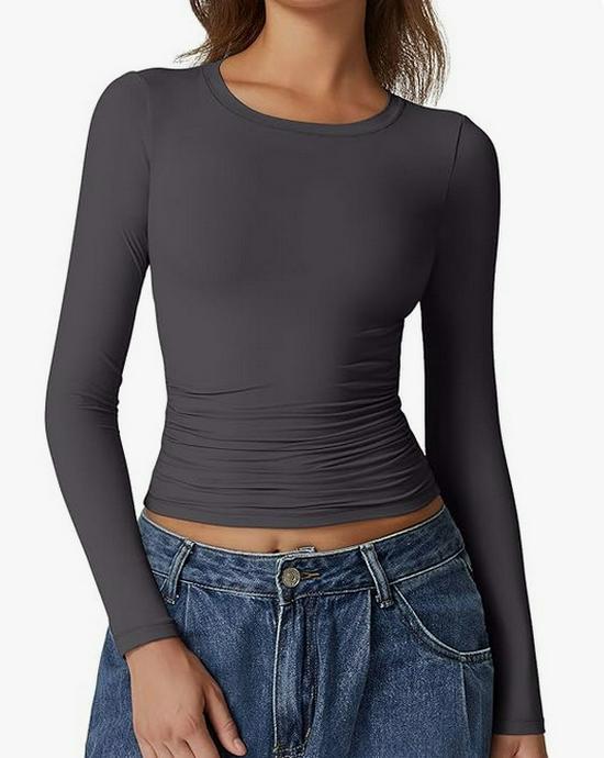 European & American Long Sleeve Round Neck Milk Silk Pullover Tops for Women