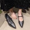 2025 Spring New Simple Pointed Thick Heel Low Heel Single Shoes Women's Korean Version One-word Buckle Soft Leather Commuter Mary Jane Shoes