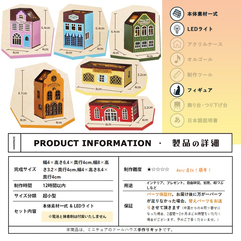 Moin Moin Dollhouse Miniature DIY Kit Arrange and Stack As You Colorful Town with and Removable Front LED Antique Style Craft 2306dh396 Set, Like,