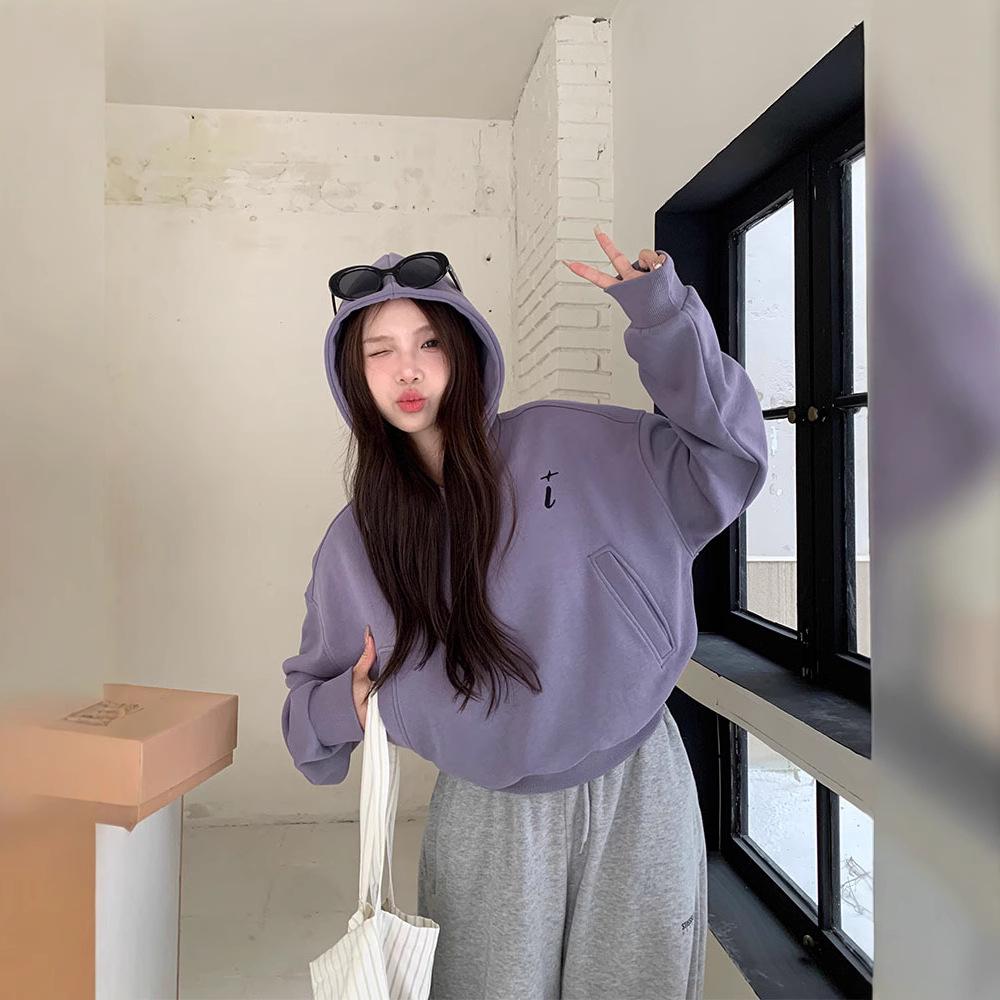 Women's Purple Hooded Sweatshirt - Thick, Warm, Loose, Versatile, Spring/Autumn 2025 Style