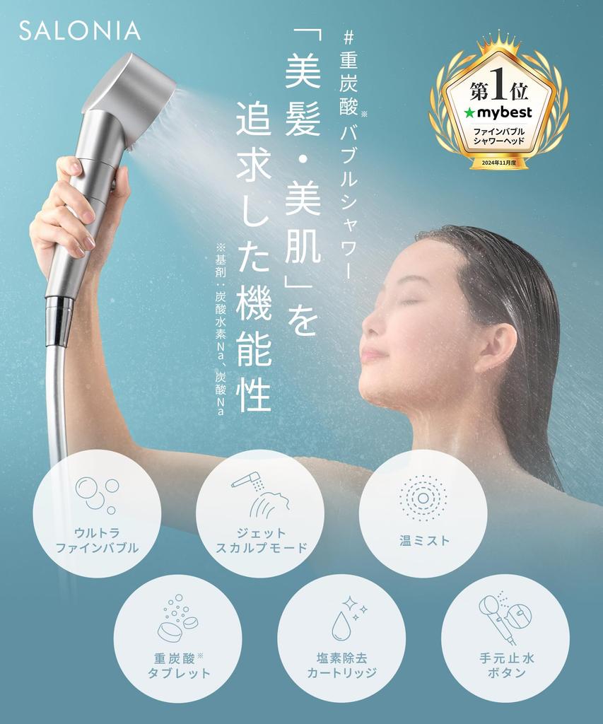 SALONIA Shower Head Fine Bubble Clear Micro Nano Bubble Water Saving High Water Pressure Chlorine Removal Cartridge Bicarbonate Tablet Included White