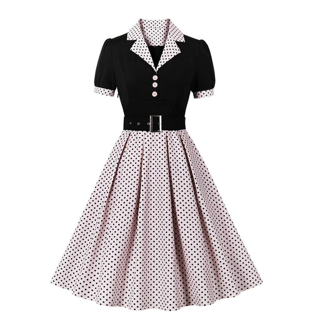 Women's Polka Dot Swing Dresses Lapel Buttons High Waist Belt Slim Fit Short Sleeves Summer Dress Office Work Casual Wear Vintage Outfit
