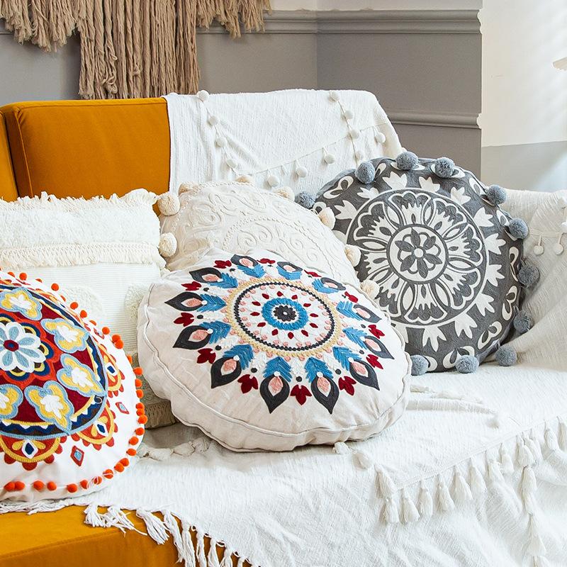 Moroccan Ethnic Style Hand-embroidered Round Pillowcase Living Room Sofa Cushion Ball Indian Decorative Pillow