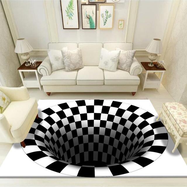 Trap Effect Vortex Illusion Rug Bottomless Hole Carpet Geometric Black White Grid Bedroom Living Room Anti Slip Floor Mats