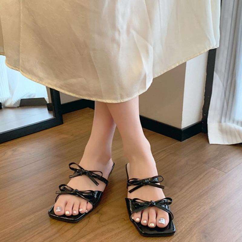 Fashion Temperament Low Heel Slippers Summer New Square Toe Open Toe Bow Breathable Slip Soft Slip Cool Mopping