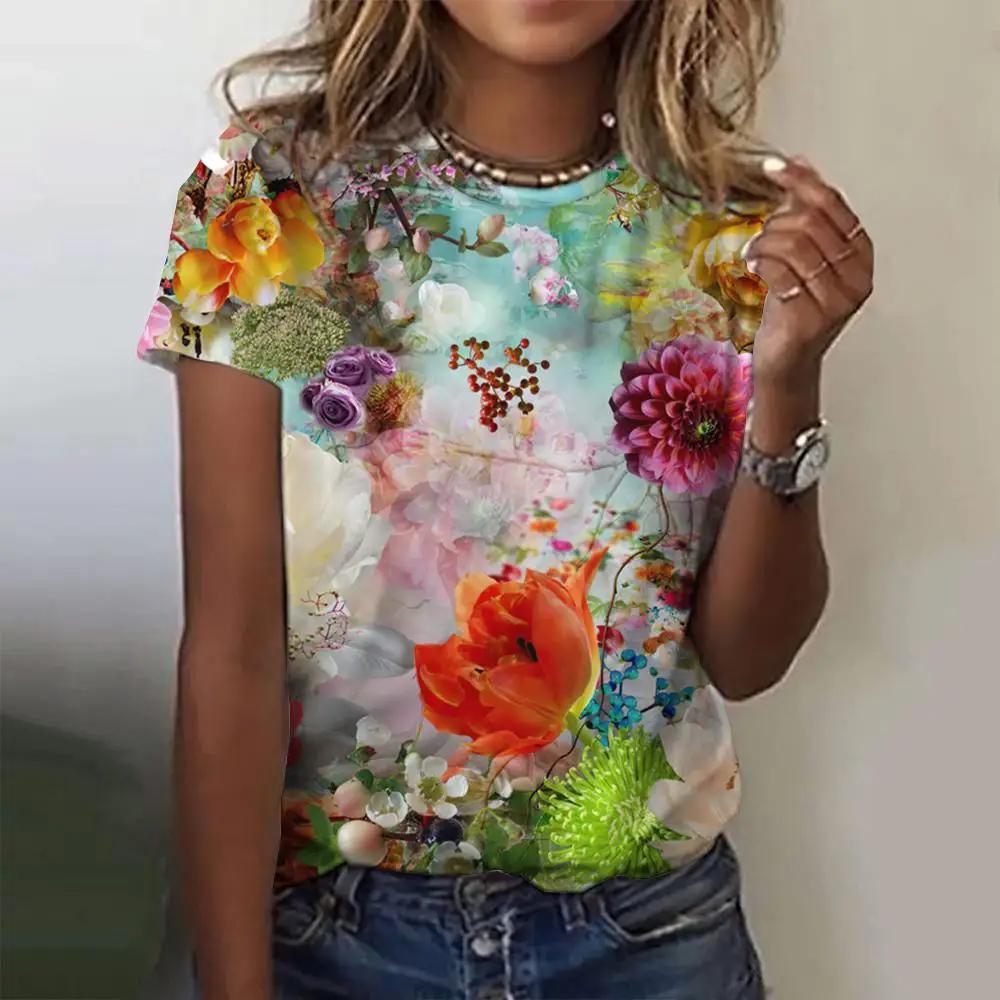 Summer Angel Flower 3D Printing T-shirt Women's Street Casual Fashion Y2k Round Neck Short-sleeved Top Clothing