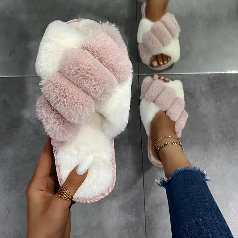 2024 Women Winter House Furry Slippers Fluffy Faux Fur Cross Design Home Slides Ladies Soft Warm Plush Slipper Female Flip Flops