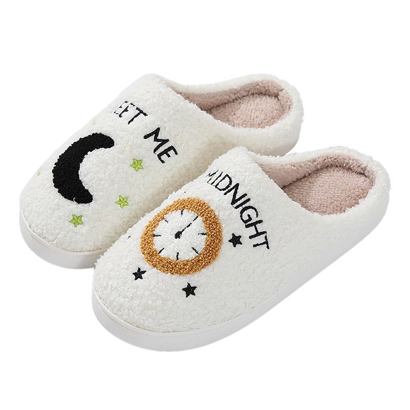 Winter Cotton Slippers for Men and Women Couples Home Moon Clock Warm Indoor Cotton Slippers