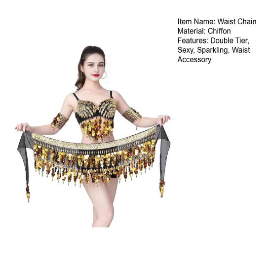 Belly Dance Waist Chain Sequins Hip Scarves Double Tier Waist Tassel Dance Practice Dress Accessories for Latin Dance Belly Dance Performances