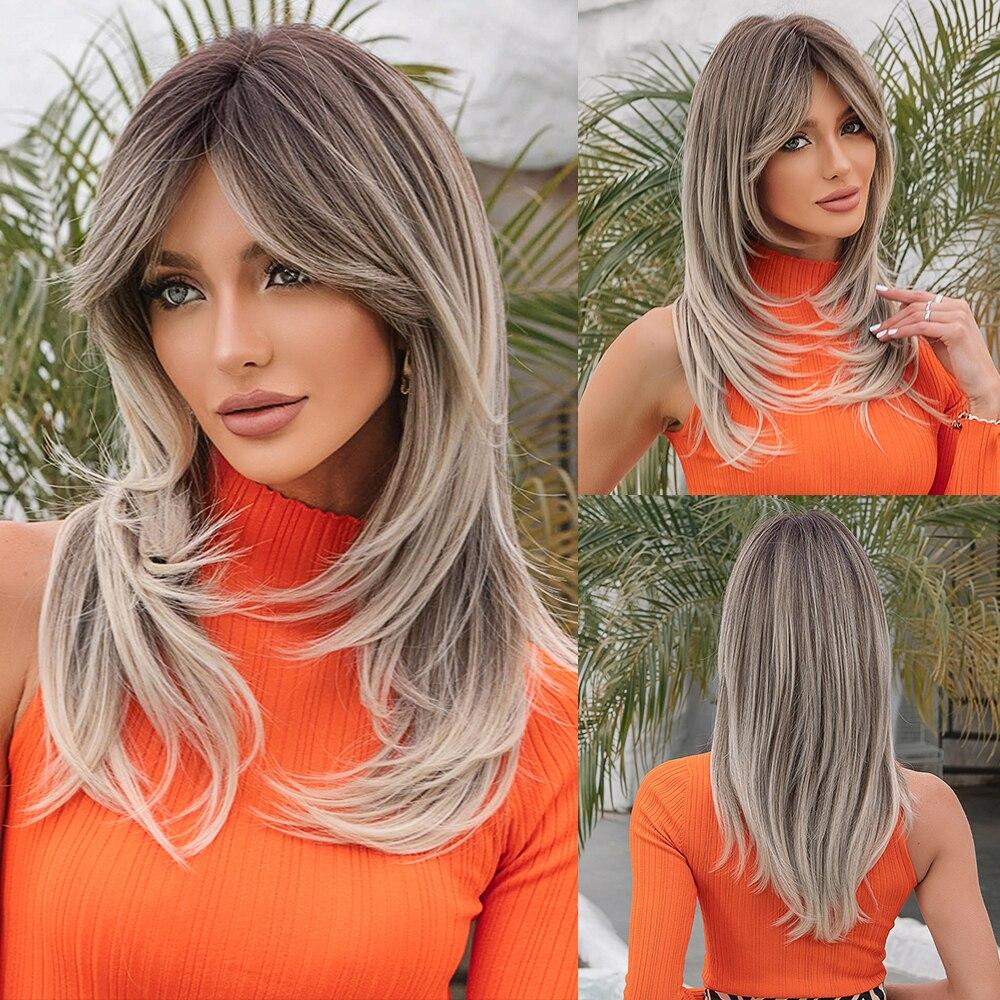 Long Brown Straight Layered Wig with Bangs Natural Looking Soft Synthetic Wigs Daily Party Use Fake Hair High Temperature Fiber